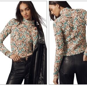 NWOT - ANTHROPOLOGIE - DOLAN Printed Pebble-Smocked  Turtleneck Top - Sz Large